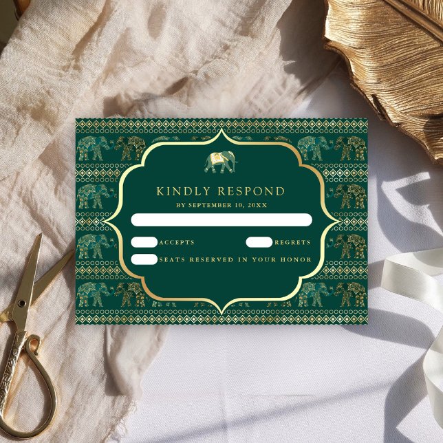 Emerald Green und Gold Elephant Indian Wedding RSVP Karte (Von Creator hochgeladen)