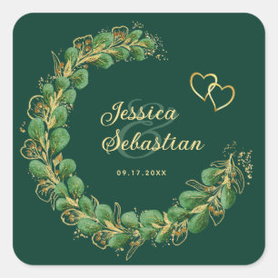 Emerald Green und Gold Eucalyptus Wedding Quadratischer Aufkleber