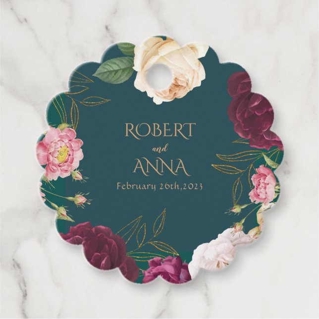 Emerald Green und Gold Floral Wedding Geschenkanhänger (Vorderseite)