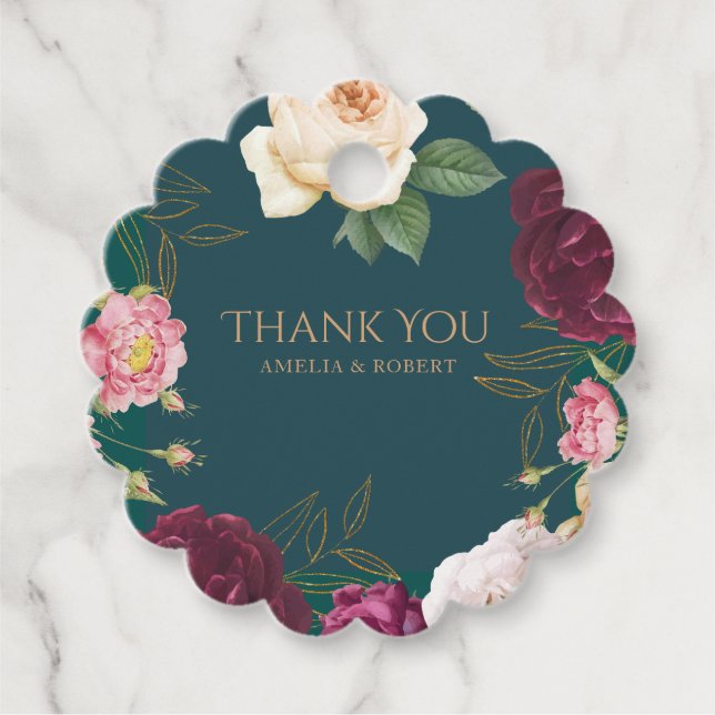 Emerald Green und Gold Floral Wedding Geschenkanhänger (Vorderseite)