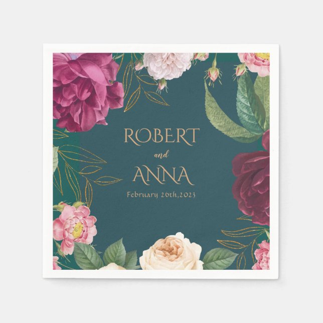 Emerald Green und Gold Floral Wedding Napkins Serviette (Vorderseite)