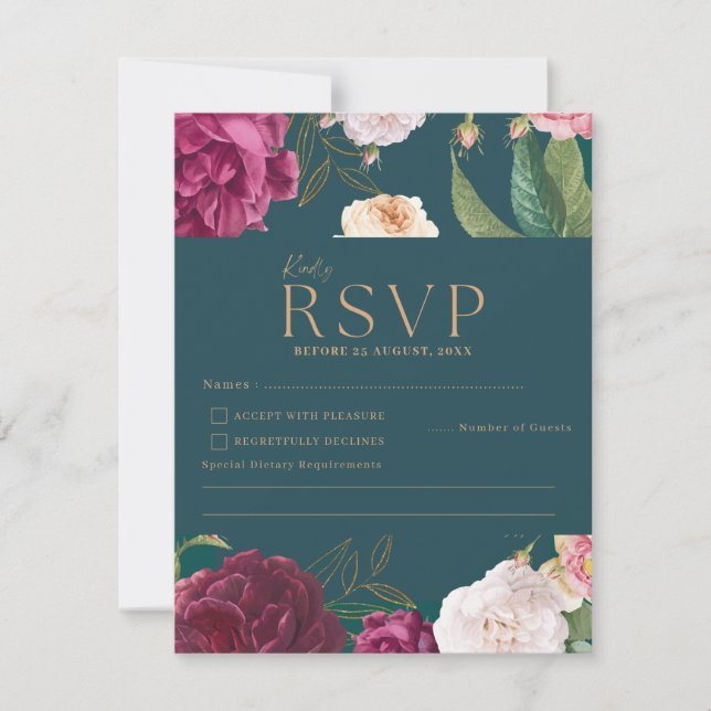 Emerald Green und Gold Floral Wedding RSVP Karte (Vorderseite)