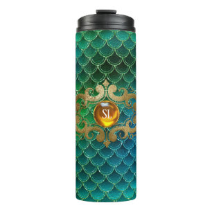 Emerald Green und Gold Gemstone Meerjungenskala Thermosbecher