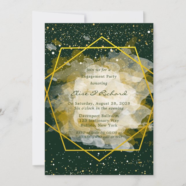 Emerald Green und Gold Geometric Engagement Party Einladung (Vorderseite)
