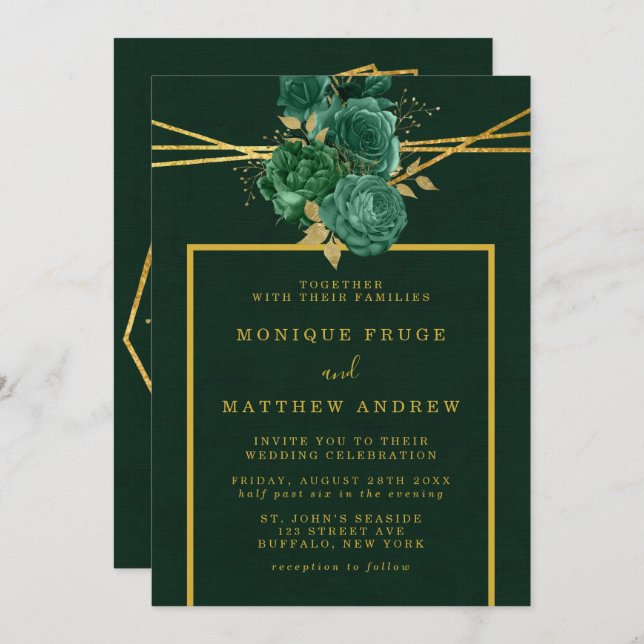 Emerald Green und Gold Geometric Floral Wedding Einladung (Vorne/Hinten)