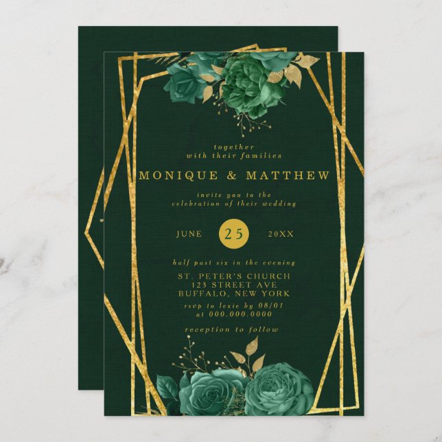 Emerald Green und Gold Geometric Floral Wedding Einladung (Vorne/Hinten)