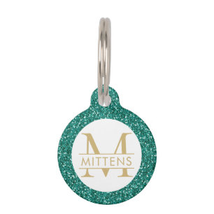 Emerald Green und Gold Glitzer Funkelnd Monogram Haustiermarke