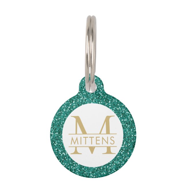 Emerald Green und Gold Glitzer Funkelnd Monogram Haustiermarke (Vorderseite)