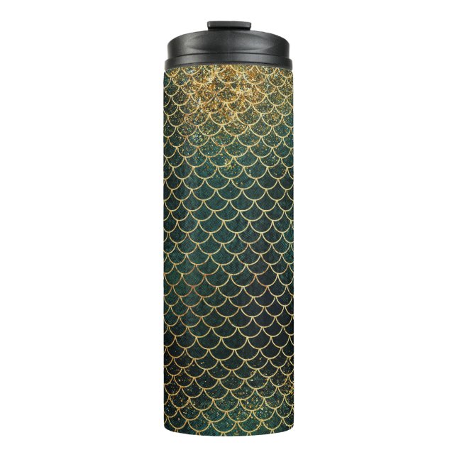 Emerald Green und Gold Glitzer Mermaid Scales Thermosbecher (Vorderseite)
