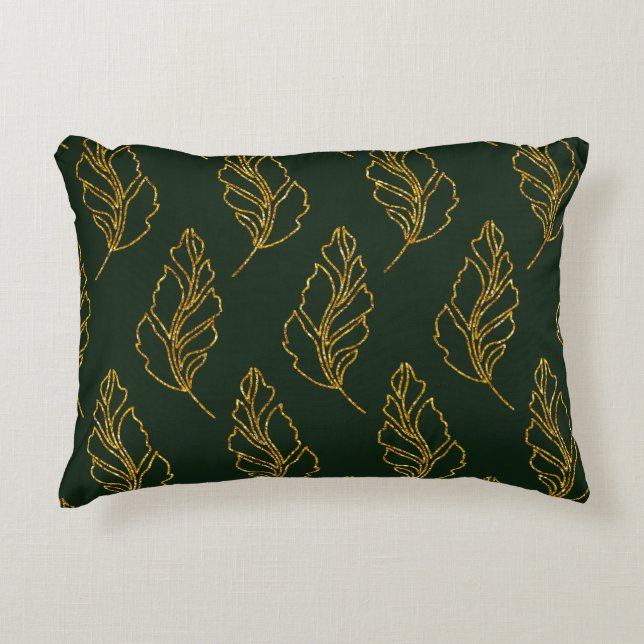 Emerald Green und Gold Leaf Lumbar Throw Kissen (Vorderseite)