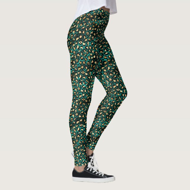 Emerald Green und Gold Leopard Print Leggings (Rechts)