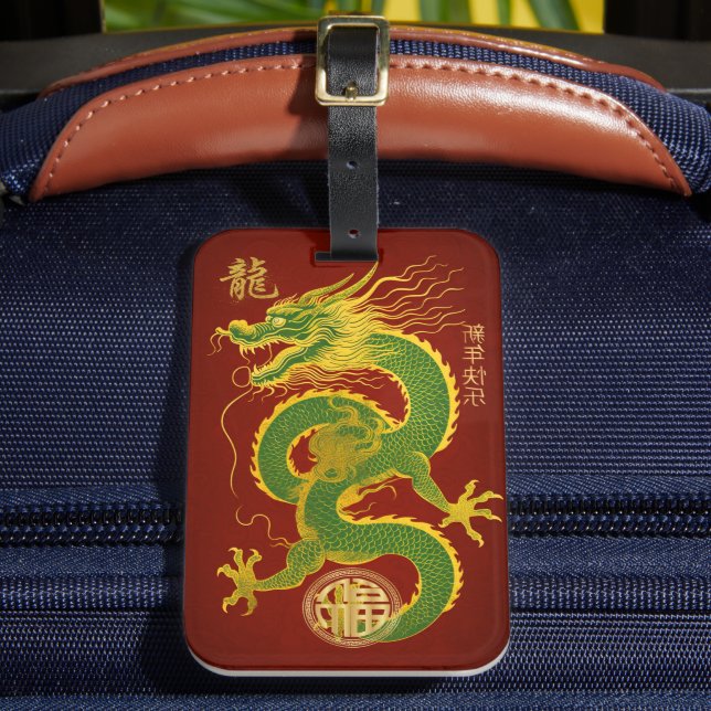 Emerald Green und Gold Lucky Lunar Dragon Gepäckanhänger (Vorderseite Insitu 2)