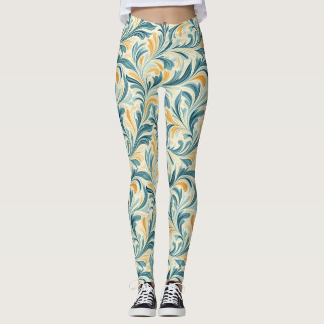 Emerald Green und Gold Paisley Leaf Muster Leggings (Vorderseite)