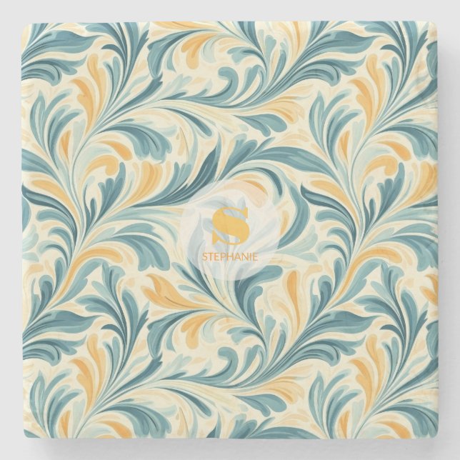 Emerald Green und Gold Paisley Leaf Muster Steinuntersetzer (Vorderseite)