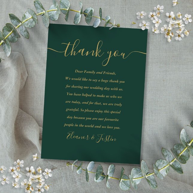 Emerald Green und Gold Script Wedding Vielen Dank Platzkarte (Emerald Green And Gold Script Wedding Thank You Place Card)