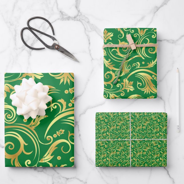 Emerald Green und Gold Scrollworks Geschenkpapier Set (Vorderseite)