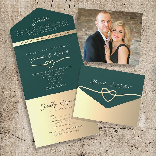 Emerald Green und Gold Wedding QR Code All In One Einladung (Von Creator hochgeladen)