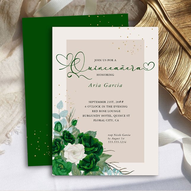 Emerald Green und Ivory Rose Elegante Quinceanera Einladung (Quinceanera Invitation from the Royal Rose Emerald Green Quinceanera Collection by Darling & May)