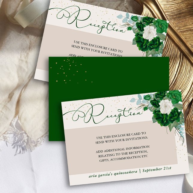 Emerald Green und Ivory Rose Empfang Begleitkarte (Quinceanera Reception Card from the Royal Rose Emerald Green Quinceanera Collection by Darling & May)