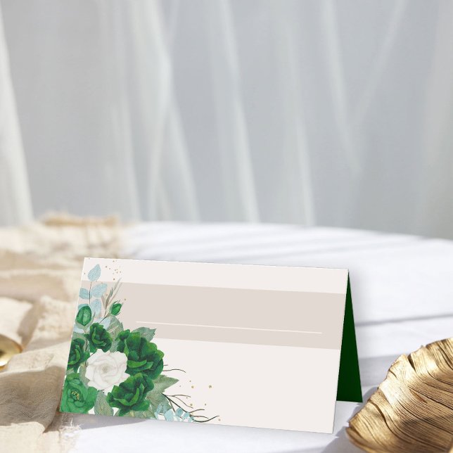 Emerald Green und Ivory-Rose mit Namensfeld Platzkarte (Floral Place Cards from the Royal Rose Emerald Green Quinceanera Collection by Darling & May)