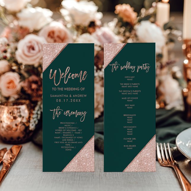 Emerald Green und Rose Gold Glitzer Wedding Programm (Emerald Green and Rose Gold Glitter Wedding Program)