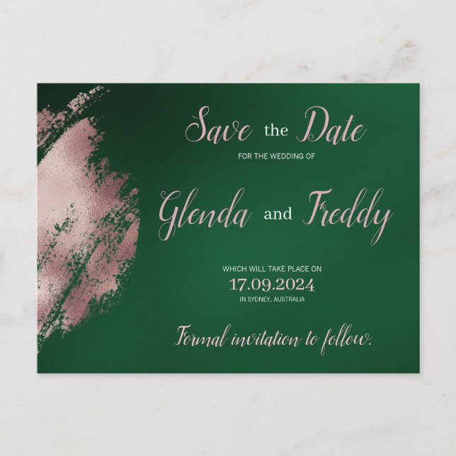 Emerald Green und Rose Gold Save the Date Card Ankündigungspostkarte (Vorderseite)