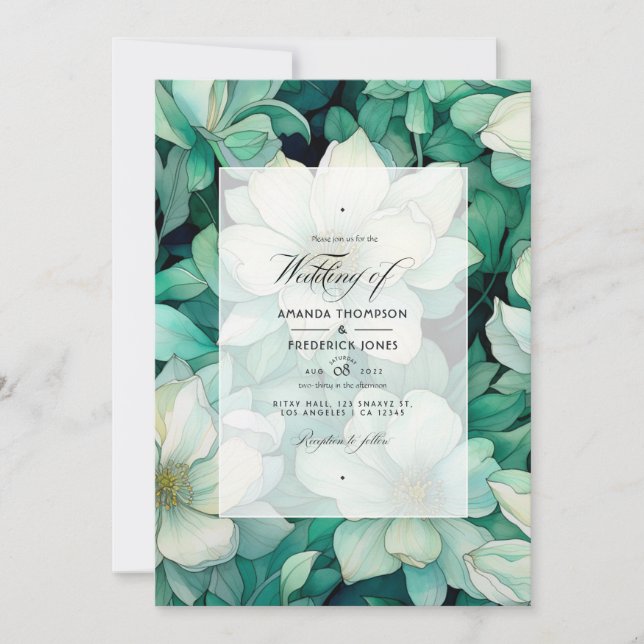 Emerald Green und Silver Floral Wedding Einladung (Vorderseite)