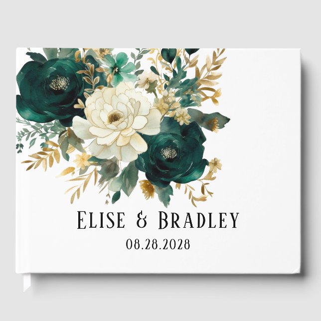 Emerald Green und White Gold Peonies Wedding Gästebuch (Vorderseite)