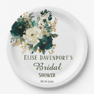 Emerald Green und White Gold Peonies Wedding Pappteller