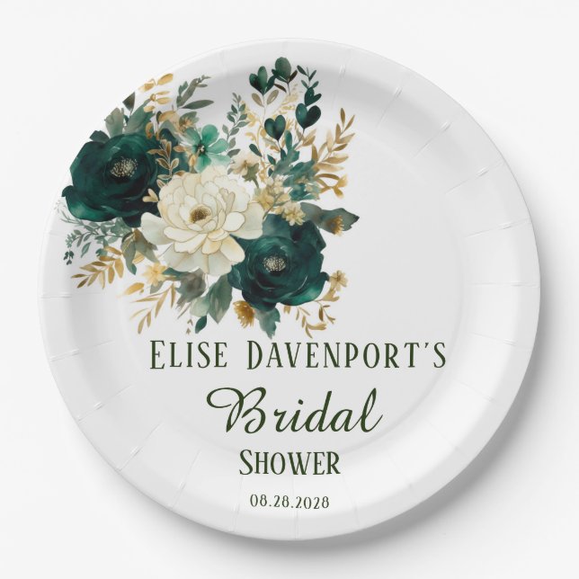 Emerald Green und White Gold Peonies Wedding Pappteller (Vorderseite)