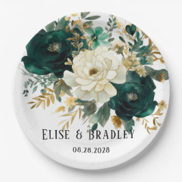 Emerald Green und White Gold Peonies Wedding Pappteller
