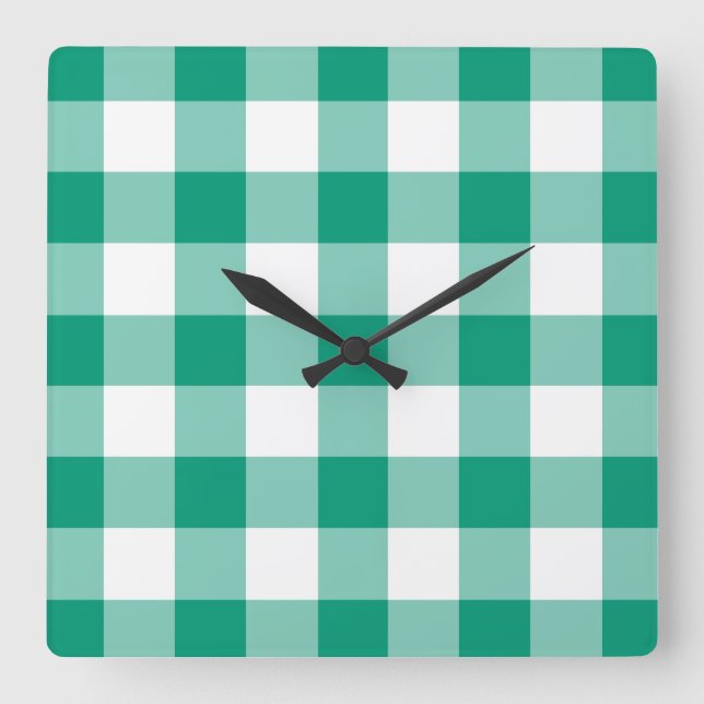 Emerald Green und White Karos Gingham Pattern Quadratische Wanduhr (Vorderseite)