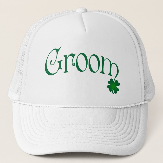 Emerald Green und White Kleeblatt Groom Cap Truckerkappe (Vorderseite)