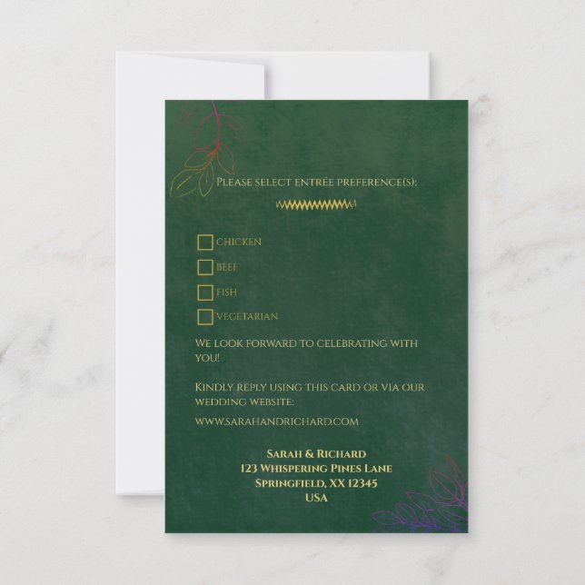 Emerald Green Velvet Luxe Gold Accent Wedding RSVP (Rückseite)