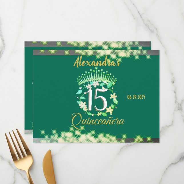 Emerald Green Vintag Boho Quinceañera Spanisch Menükarte (Vorderseite/Rückseite Beispiel)