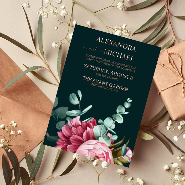 Emerald Green Watercolor Burgundy Blume Hochzeit Folieneinladung (Von Creator hochgeladen)