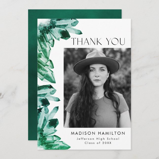 Emerald Green Watercolor Crystals Foto Abschluss Dankeskarte (Vorne/Hinten)