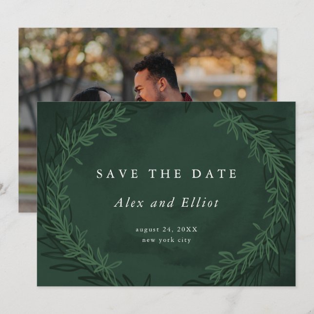 Emerald Green Watercolor Dramatisch Save the Date Einladung (Vorne/Hinten)