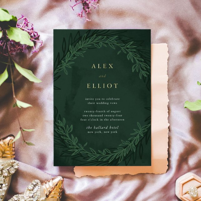 Emerald Green Watercolor Dramatisches HochzeitGold Folieneinladung (Dramatic green and gold foil botanical wedding invitation.)