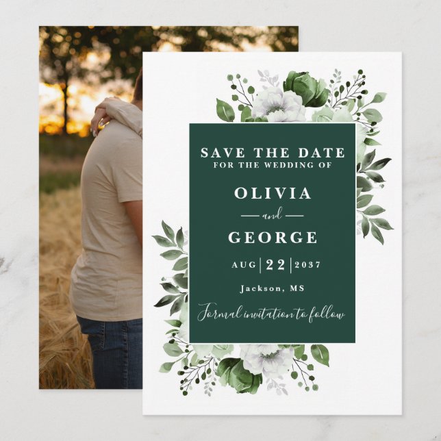 Emerald Green Watercolor Foto Hochzeit Save The Date (Vorne/Hinten)