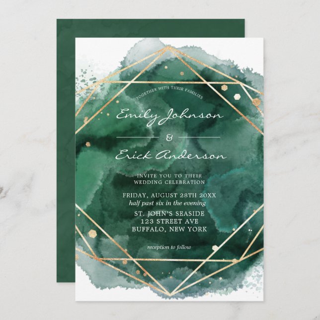 Emerald Green Watercolor Gold Geometric Wedding Einladung (Vorne/Hinten)