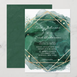Emerald Green Watercolor Gold Geometric Wedding Einladung