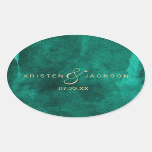 Emerald Green Watercolor & Gold Monogram Wedding Ovaler Aufkleber