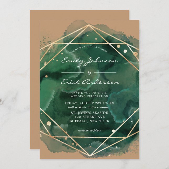 Emerald Green Watercolor Gold Tan Wedding Einladung (Vorne/Hinten)