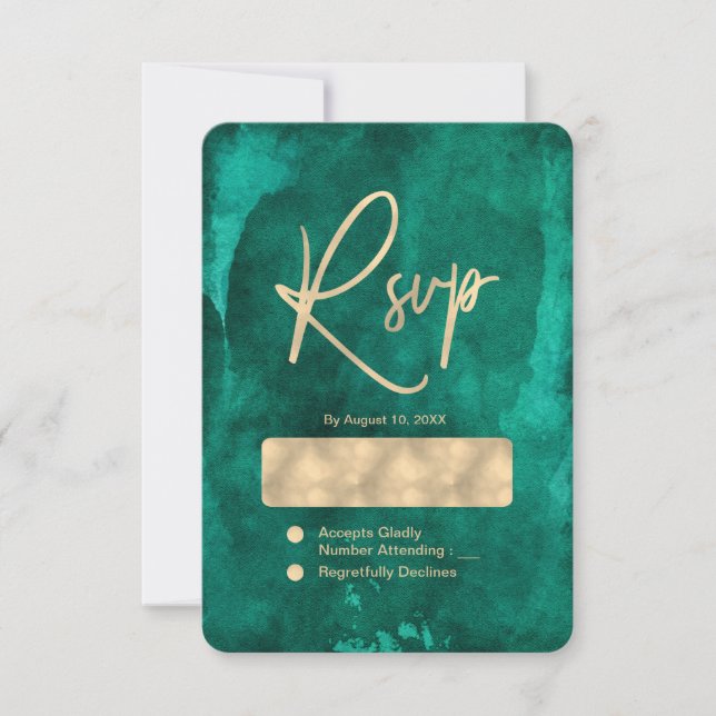 Emerald Green Watercolor & Gold Wedding RSVP (Vorderseite)