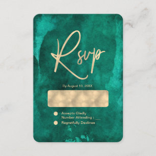 Emerald Green Watercolor & Gold Wedding RSVP Karte