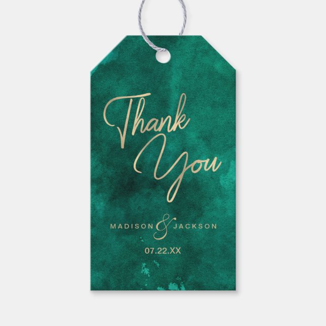 Emerald Green Watercolor & Gold Wedding Vielen Dan Geschenkanhänger (Vorderseite)