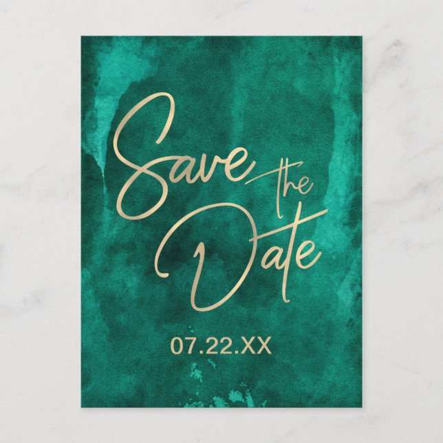 Emerald Green Watercolor und Gold Save the Date Ankündigungspostkarte (Vorderseite)