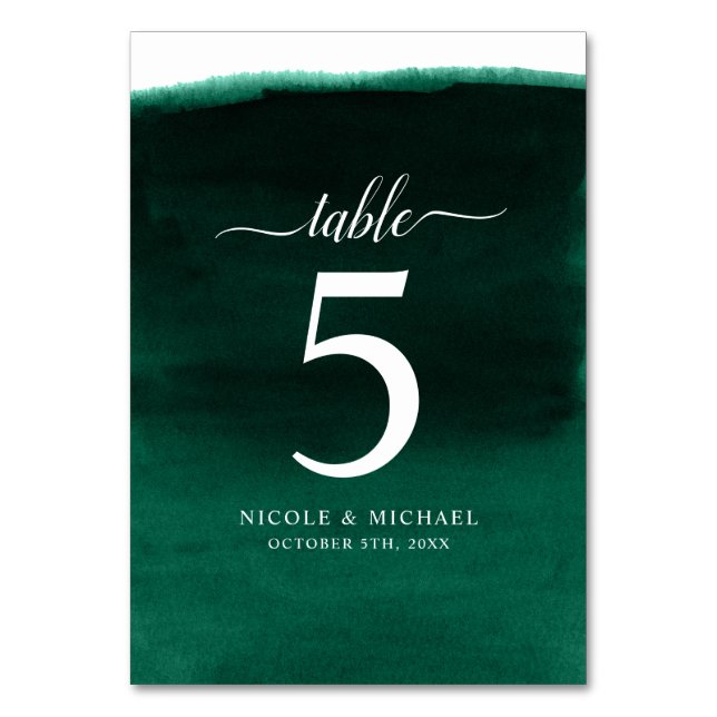 Emerald Green Watercolor Wedding Tischnummer (Vorderseite)