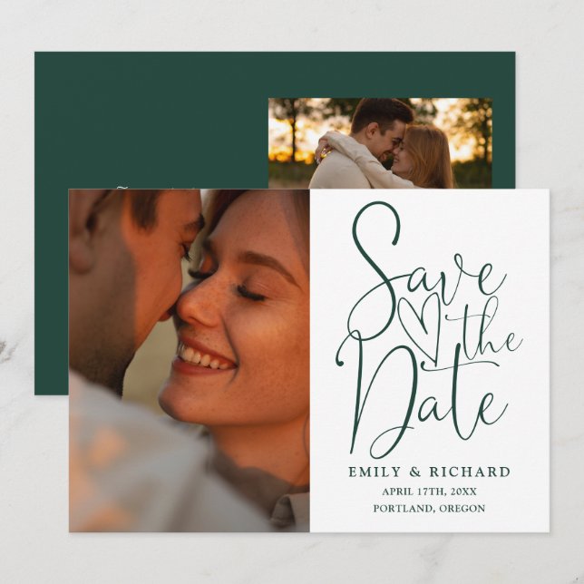 Emerald Green Wedding 2 Foto Elegantes Skript Save The Date (Vorne/Hinten)